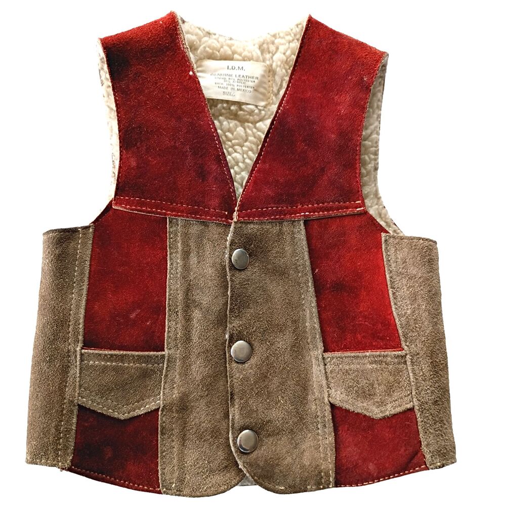 Vintage IDM Kids Leather Vest 2 Tone Red Tan Brown Fleece Lined 6 Western Cowboy